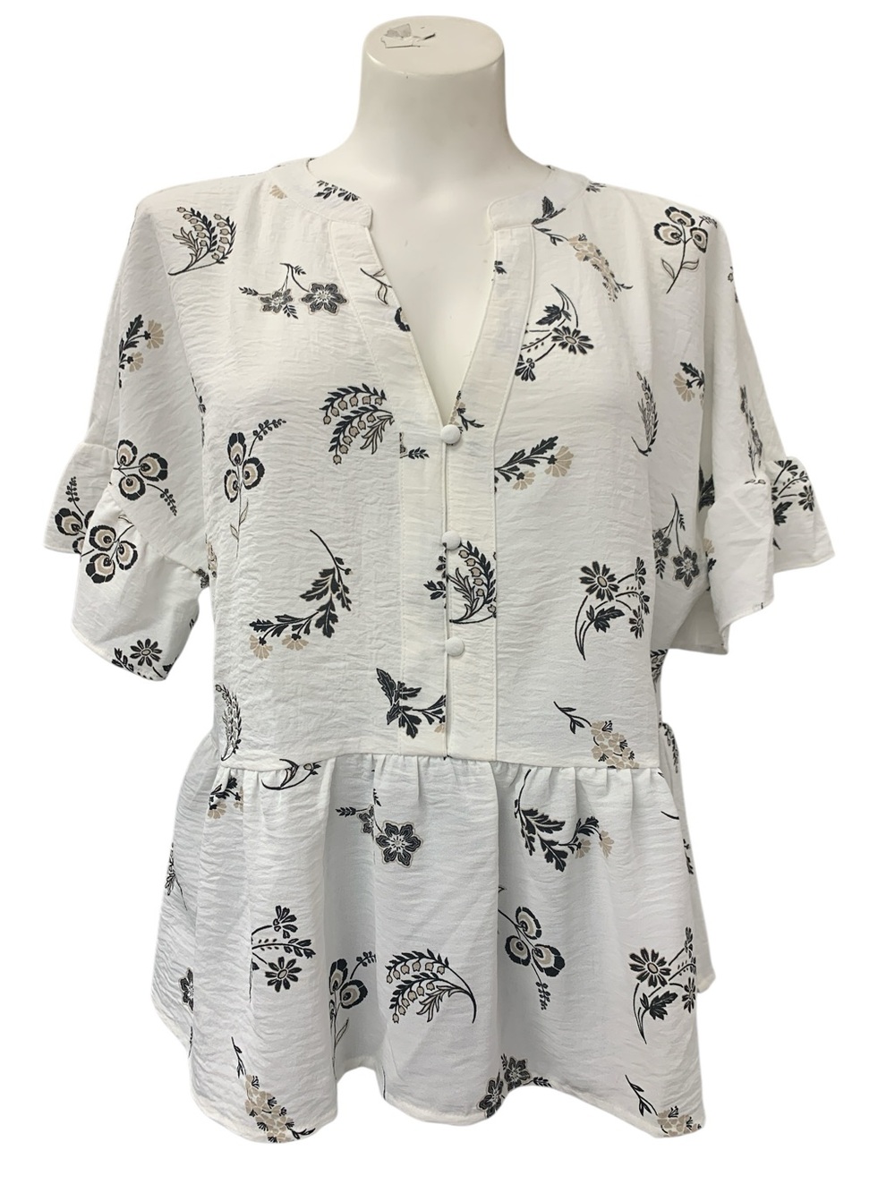 Jules & Leopold White Floral Peplum Top with Black & Beige Print Size S